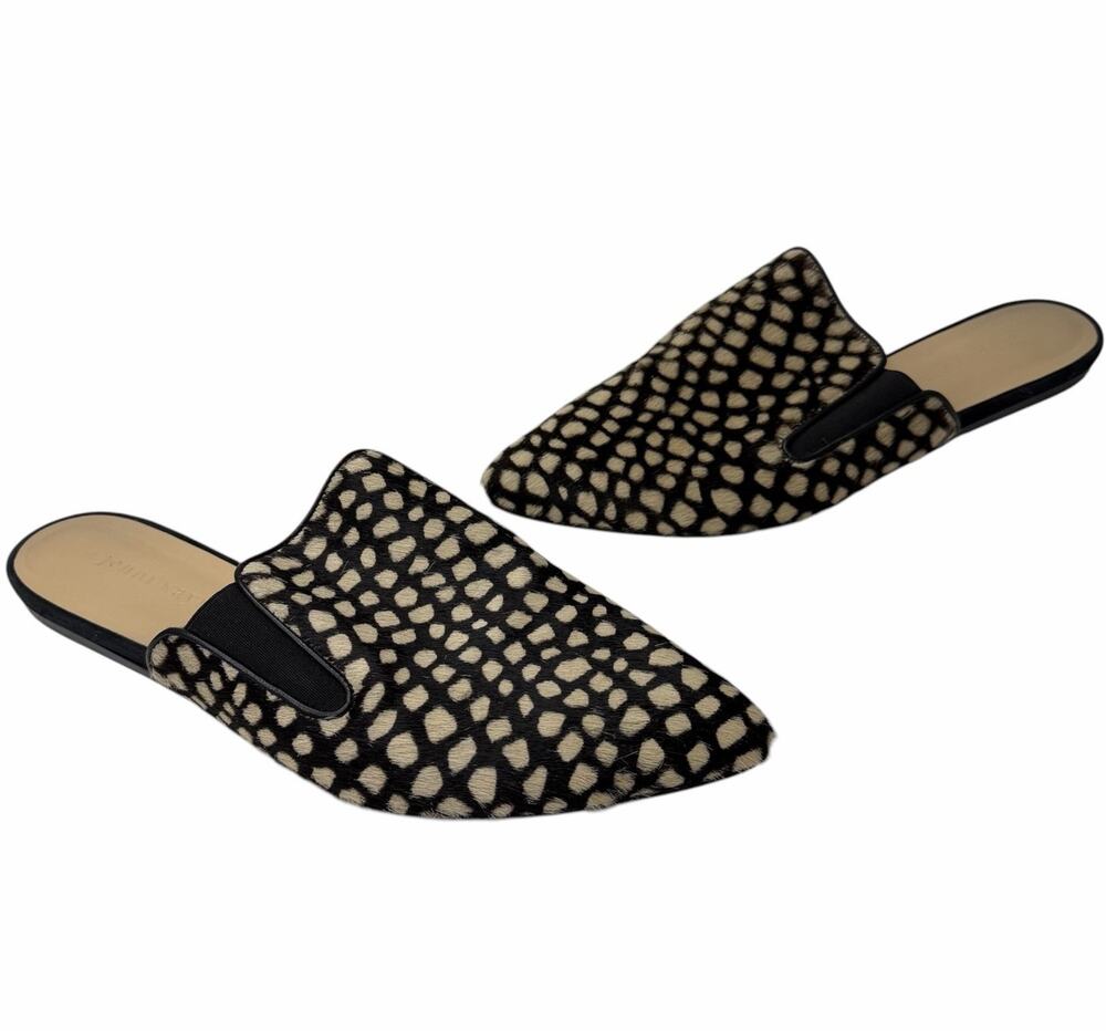 Jenni Kayne 40 Genuine Calf Hair Mules Black Honey Giraffe Flat Slide Leatherw